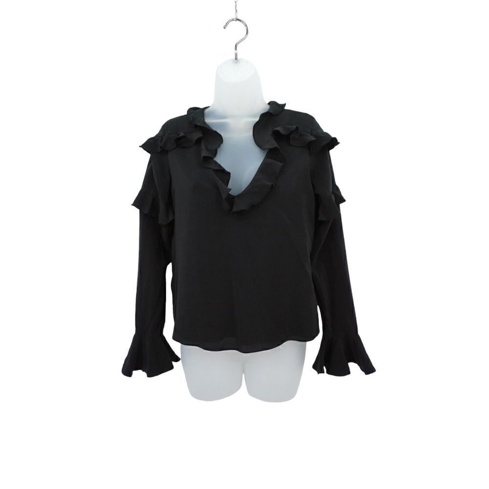 Alexis Blouse Women's Size XS Black Silk Ruffle Pullover V-Neck Top